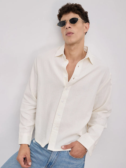 Pearl White Double Cloth Seersucker Striped Boxy Fit Crop Shirt