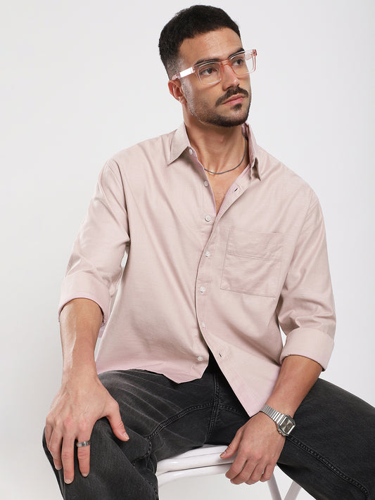 Dusty Pink Refined Slub Textured Boxy Fit Crop Shirt
