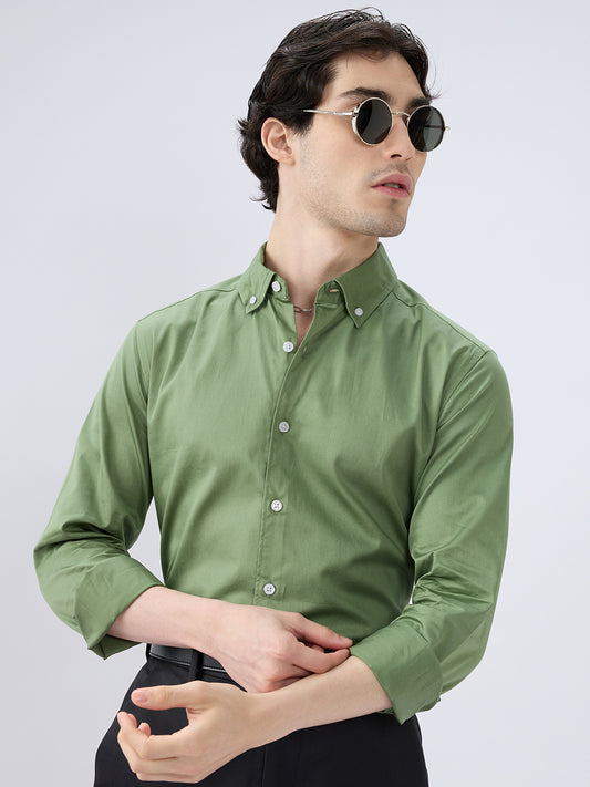 Forest Sheen Luxe Satin Button-down Collar Shirt