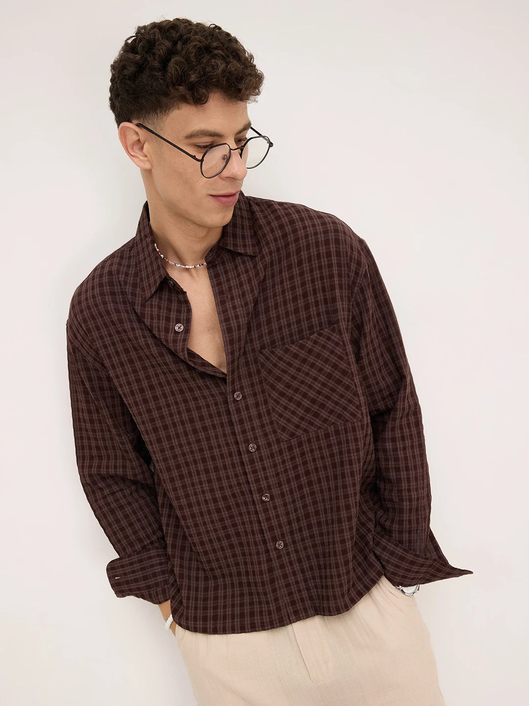 Warm Espresso Windowpane Checks Boxy Fit Crop Shirt
