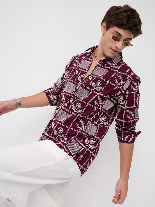 Wine Floral Frame Embroidered Slub Shirt