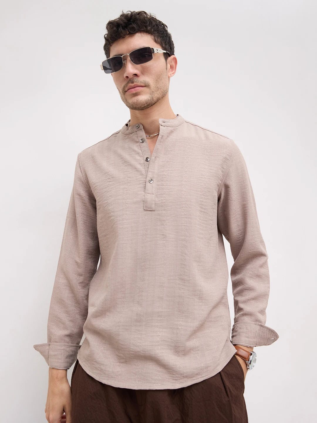 Taupe Lozenge Weave Striped Kurta