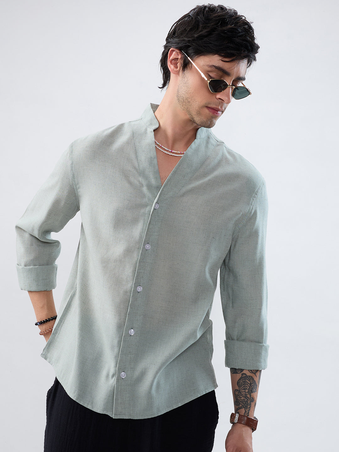 Premium Seafoam Green Linen Blend Stand-Collar Oversized Shirt