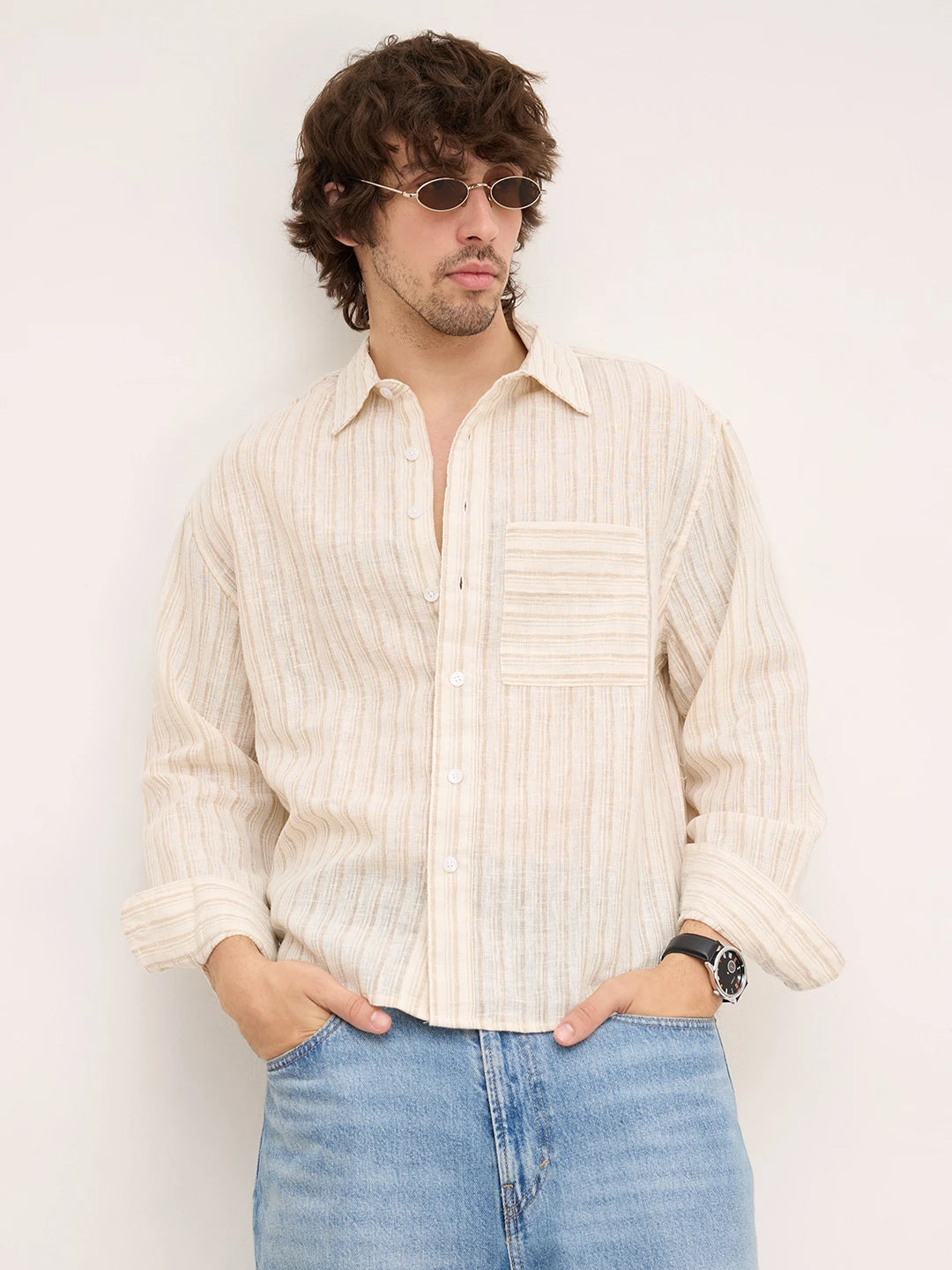 Off White Beige and Brown Striped Boxy Fit Crop Shirt