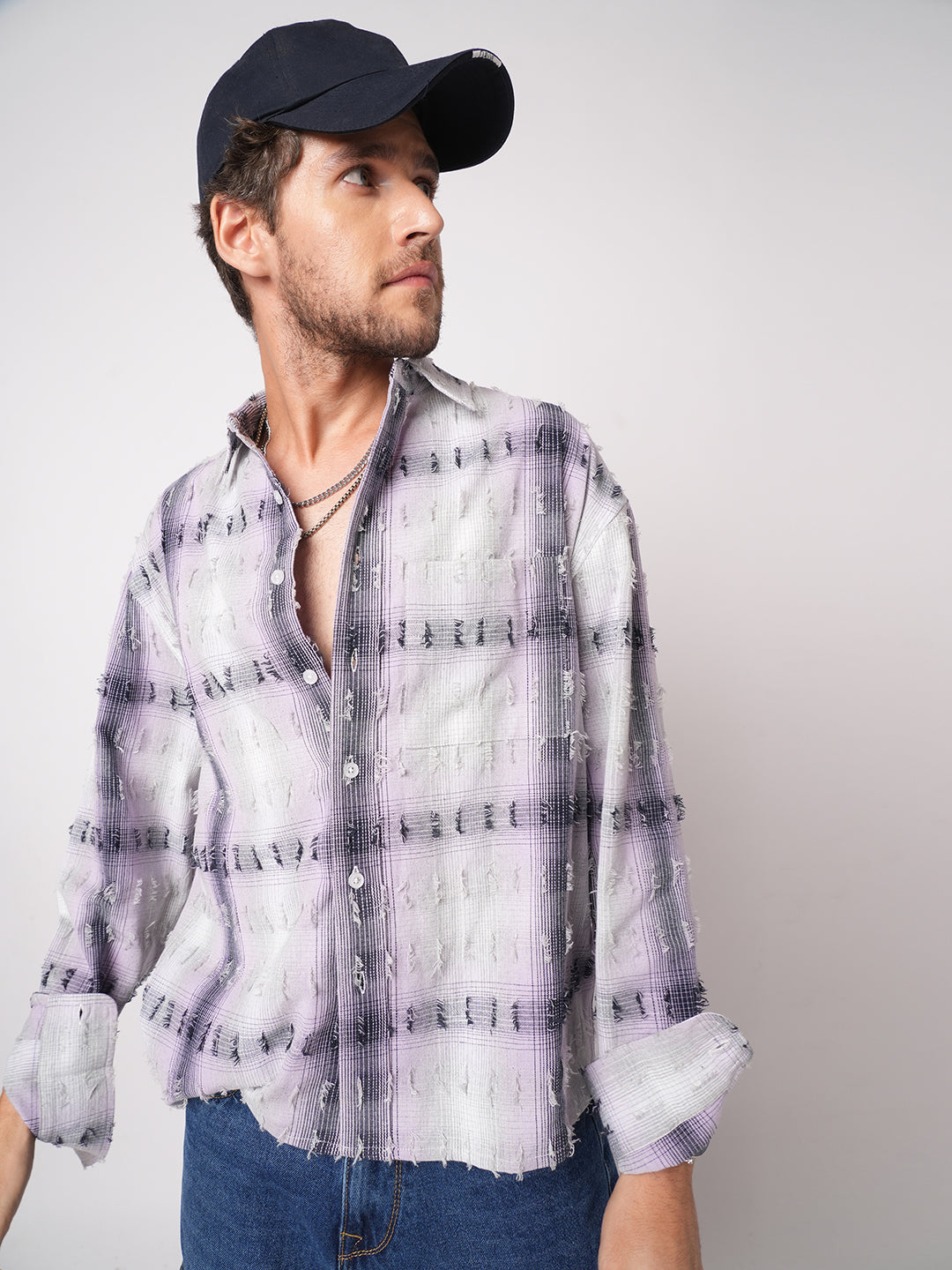 Dusky Lavender Plaid Checks Boxy Fit Frayed Crop Shirt