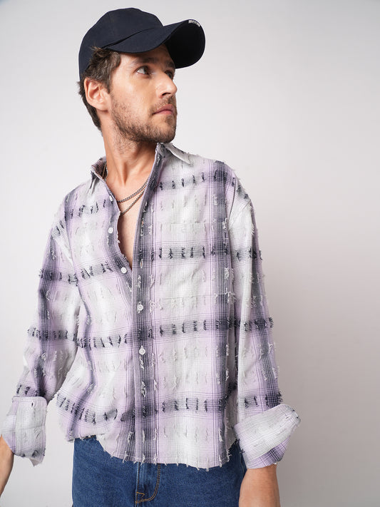 Dusky Lavender Plaid Checks Boxy Fit Frayed Crop Shirt