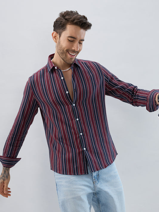 Premium Cotton Maroon & Navy Balanced Striped Shirt