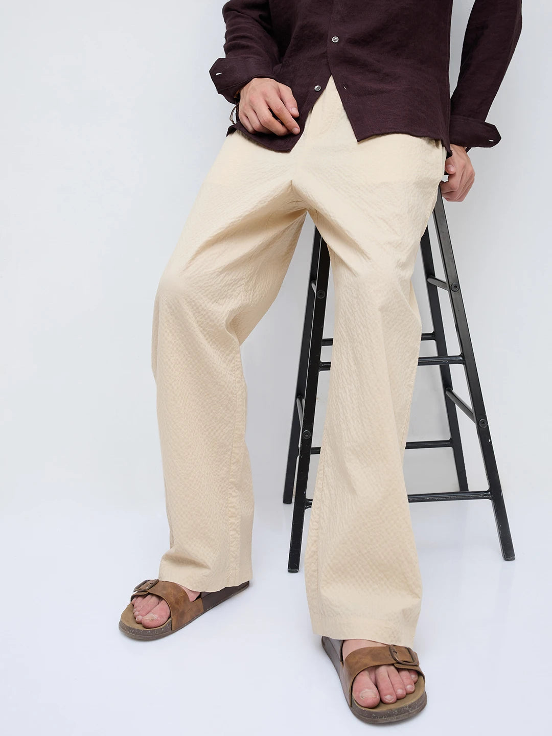Sand Beige Crinkled Straight Fit Trousers