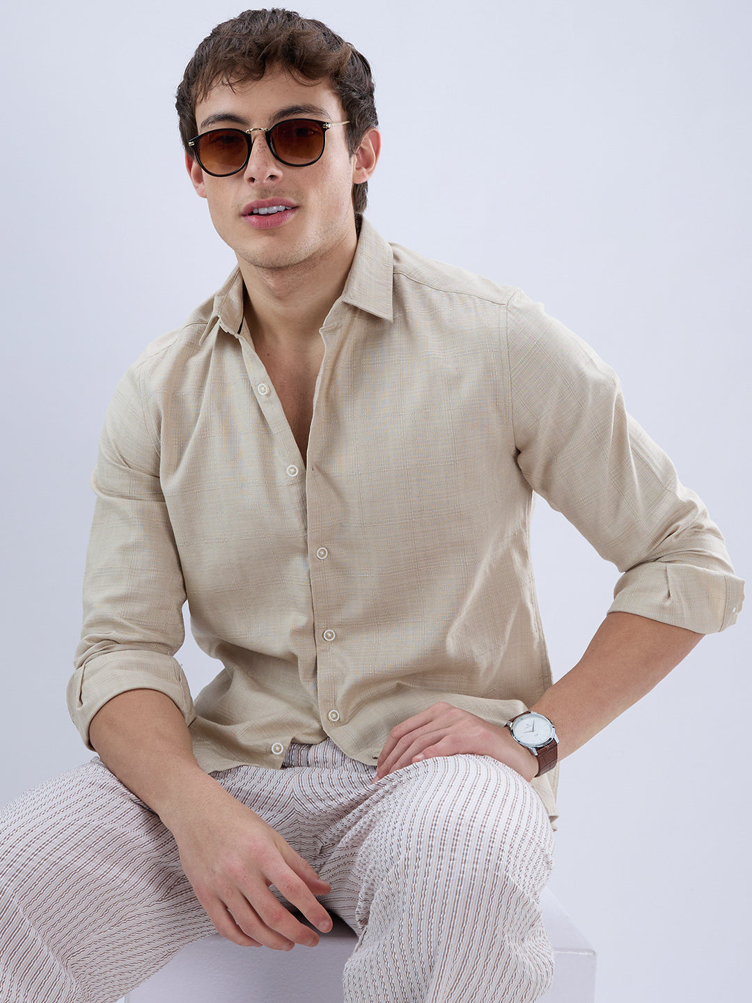 Bone Beige Textured Weave Shirt