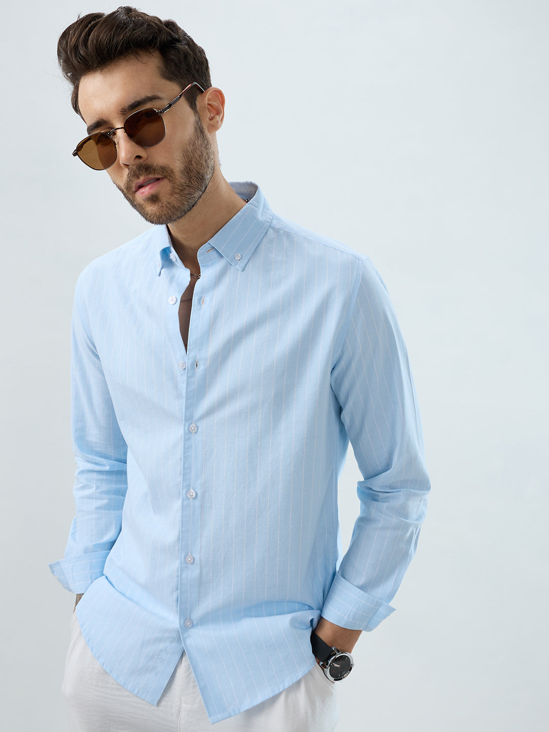 Modern Blues Refined Pinstripe Oxford Button-Down Business Shirt