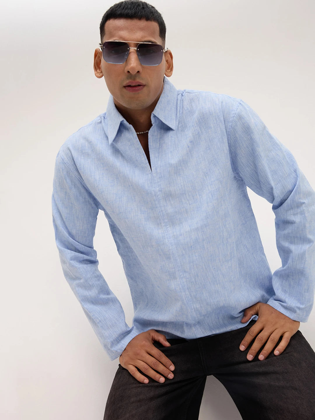 Soft Blue Textured Center Seam Oversized Polo Shirt