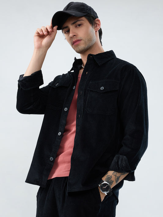 Winter Black Corduroy Double Pocket Overshirt