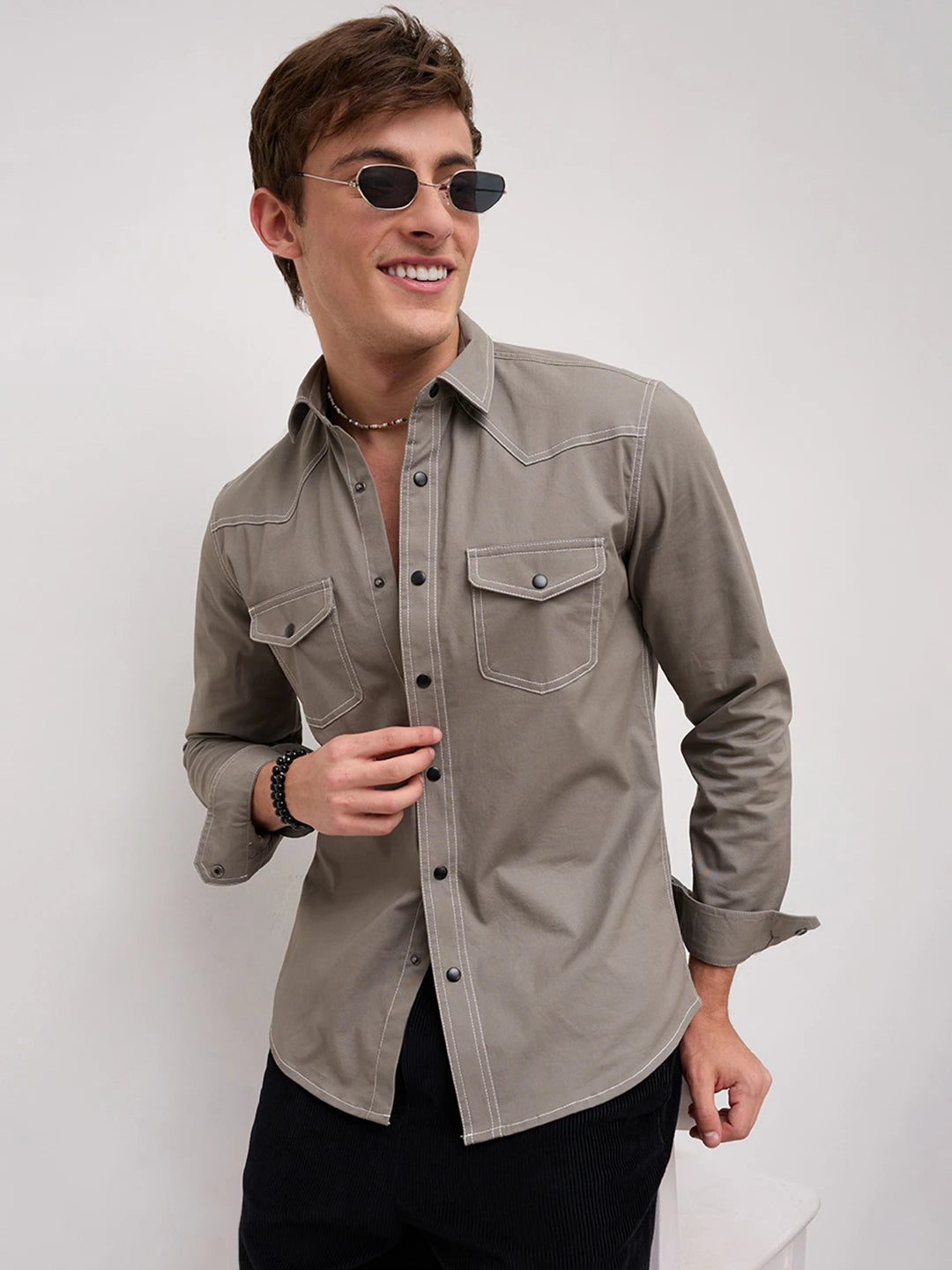 Grey Contrast Stitch Twin Pocket Shirt