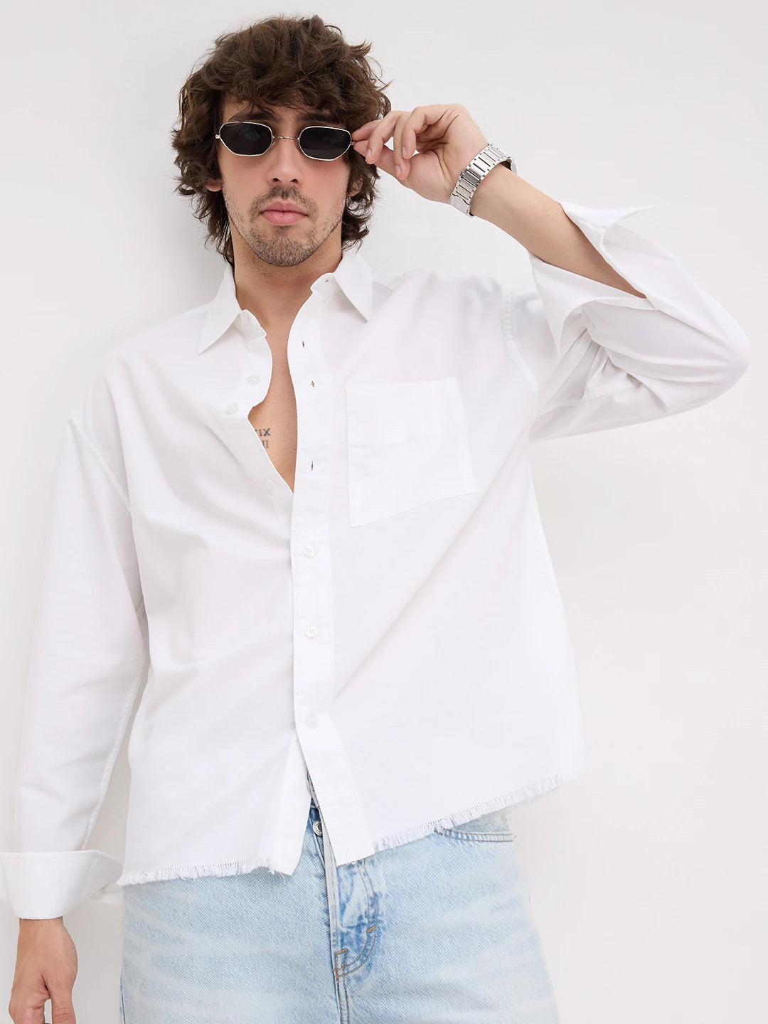 Solid Pearl White Oxford Distressed Hem Boxy Fit Crop Shirt