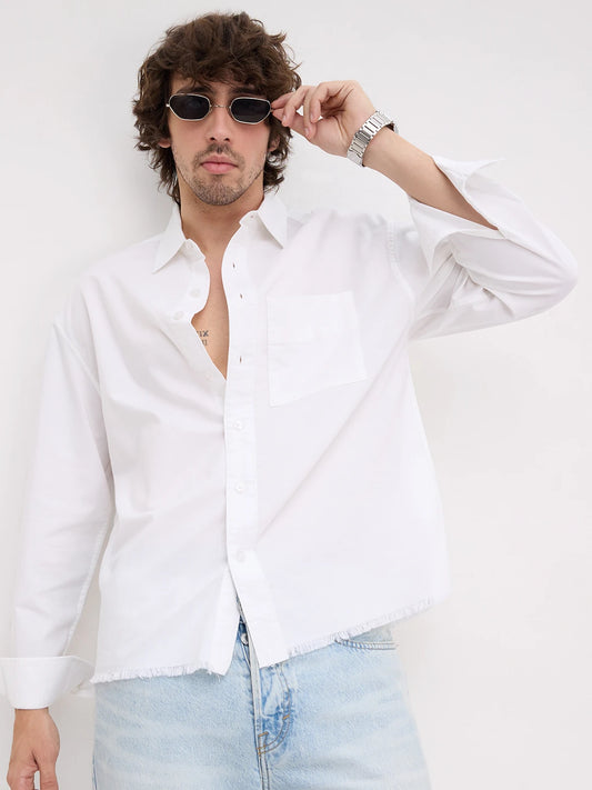Solid Pearl White Oxford Distressed-Hem Boxy Fit Shirt By Vastrado