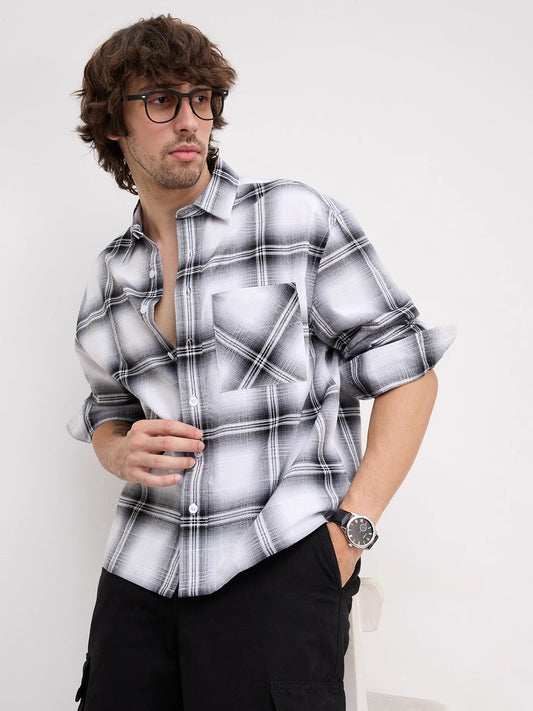 Rich Monochrome Plaid Shadow Checks Boxy Fit Crop Shirt