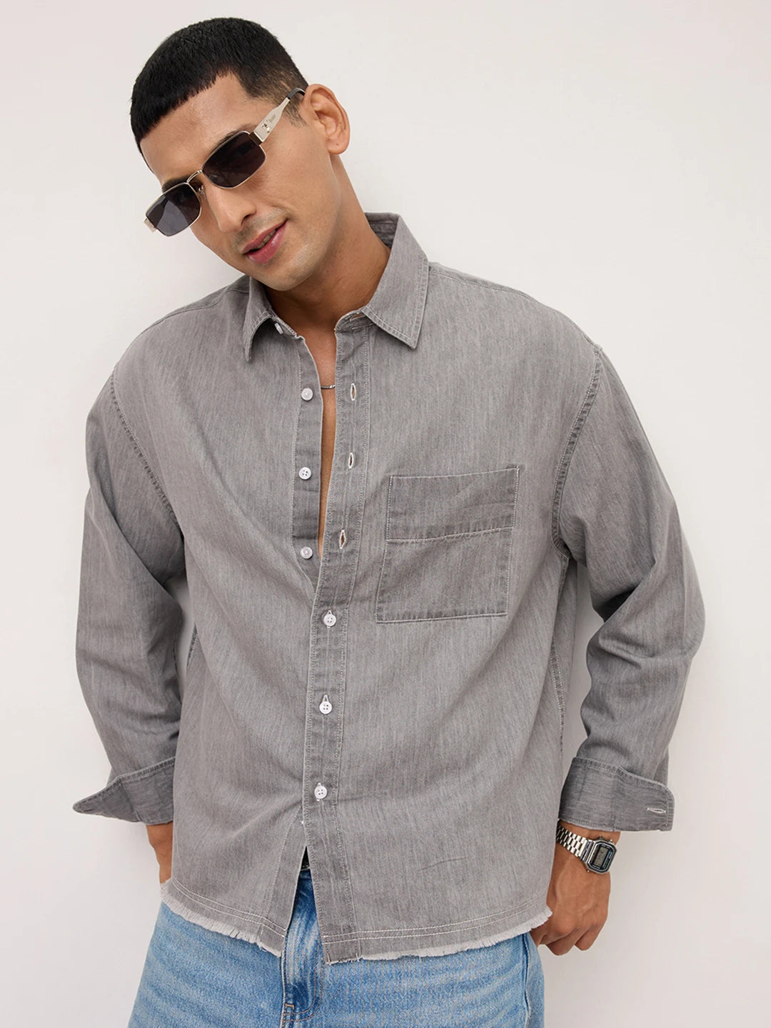 Refined Stonewashed Grey Boxy Fit Crop Shirt