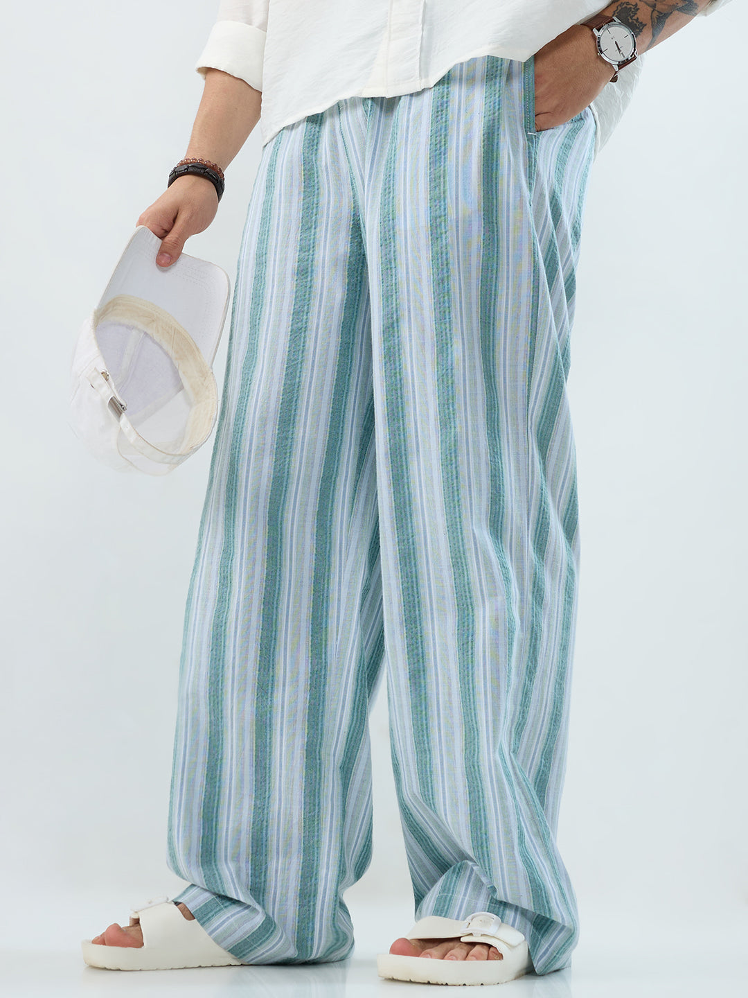 Coastal Teal Multi-Line Seersucker Wide-Leg Trousers