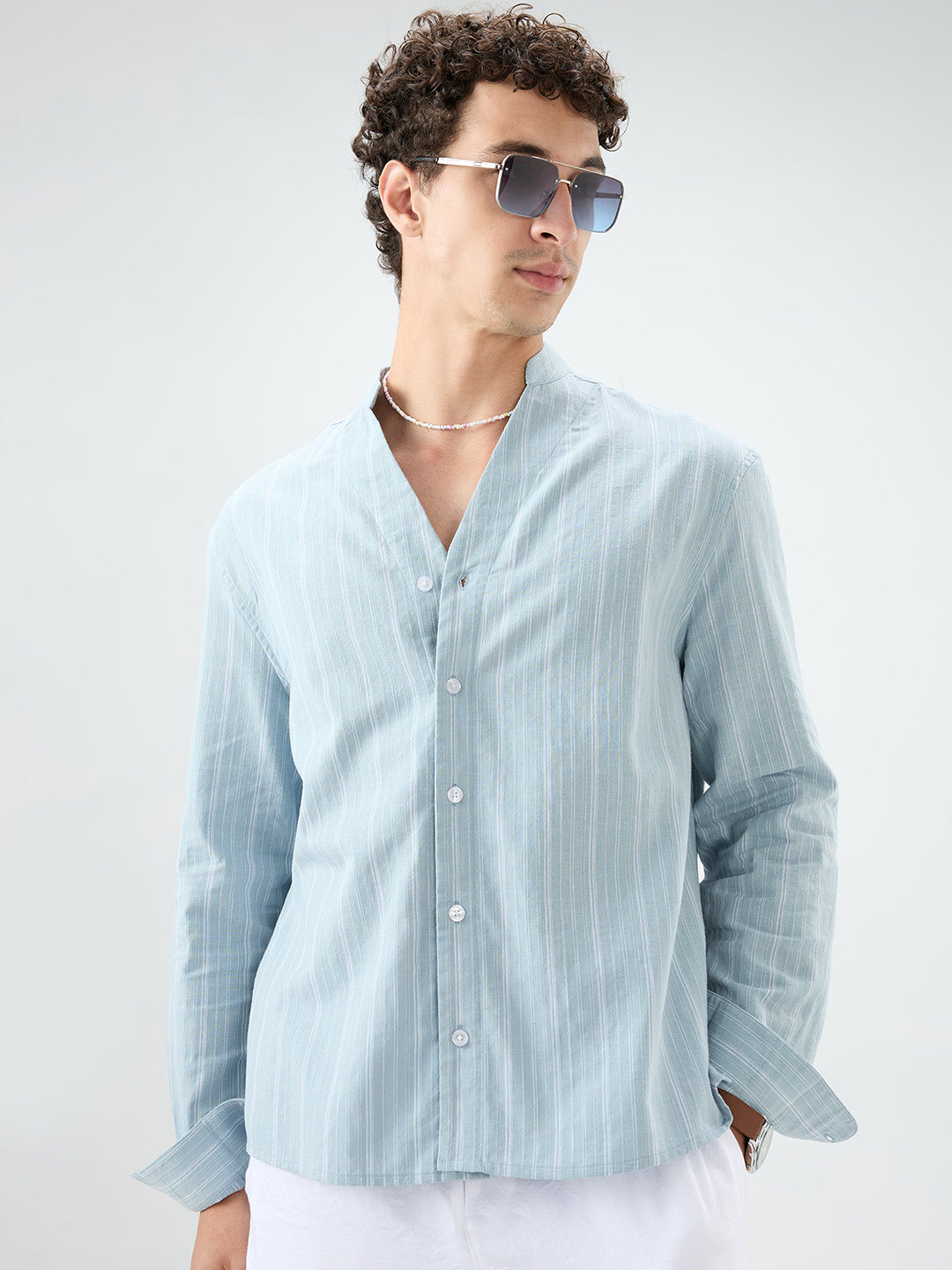 Arctic Blue Striped Linen Blend Stand Collar Oversized Shirt