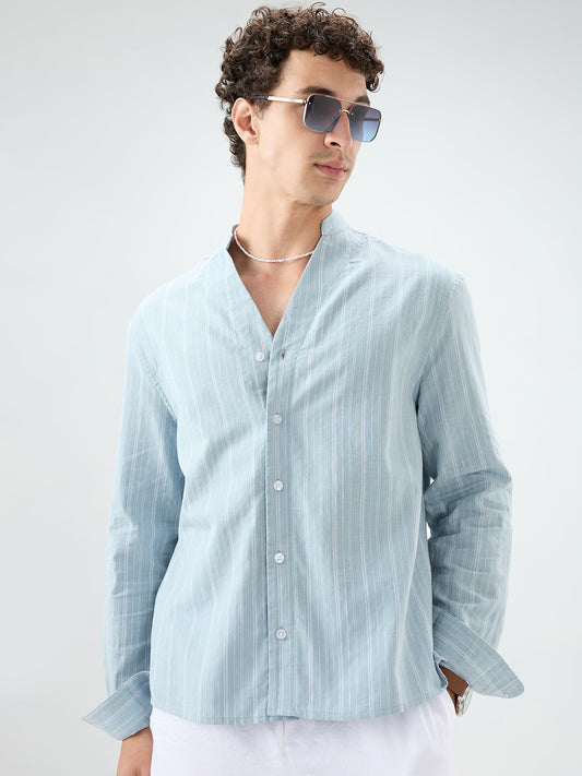 Arctic Blue Striped Linen Blend Stand Collar Oversized Shirt