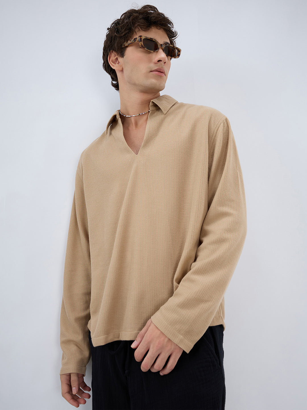 Tan Micro Weave Knitted Oversized Polo Shirt