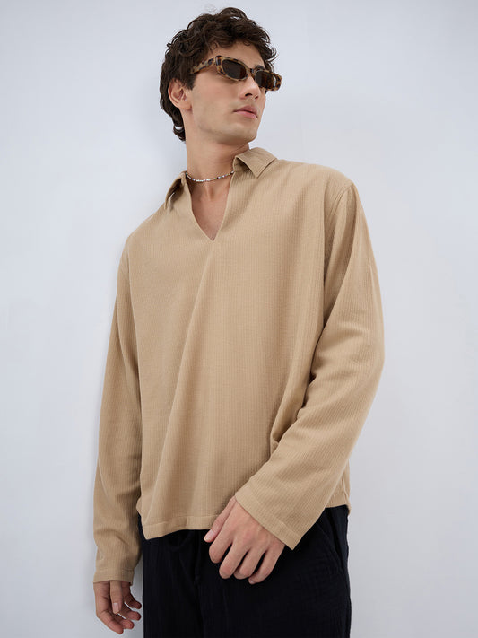 Tan Micro Weave Knitted Oversized Polo Shirt
