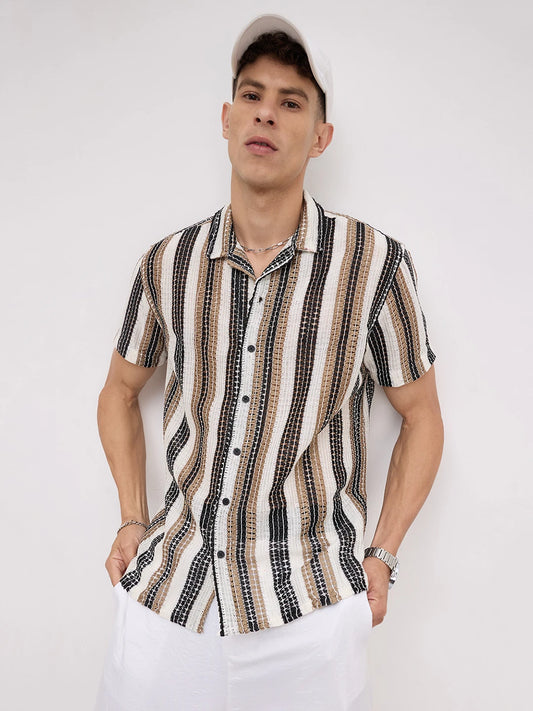 White Boho Weave Striped Crochet Shirt