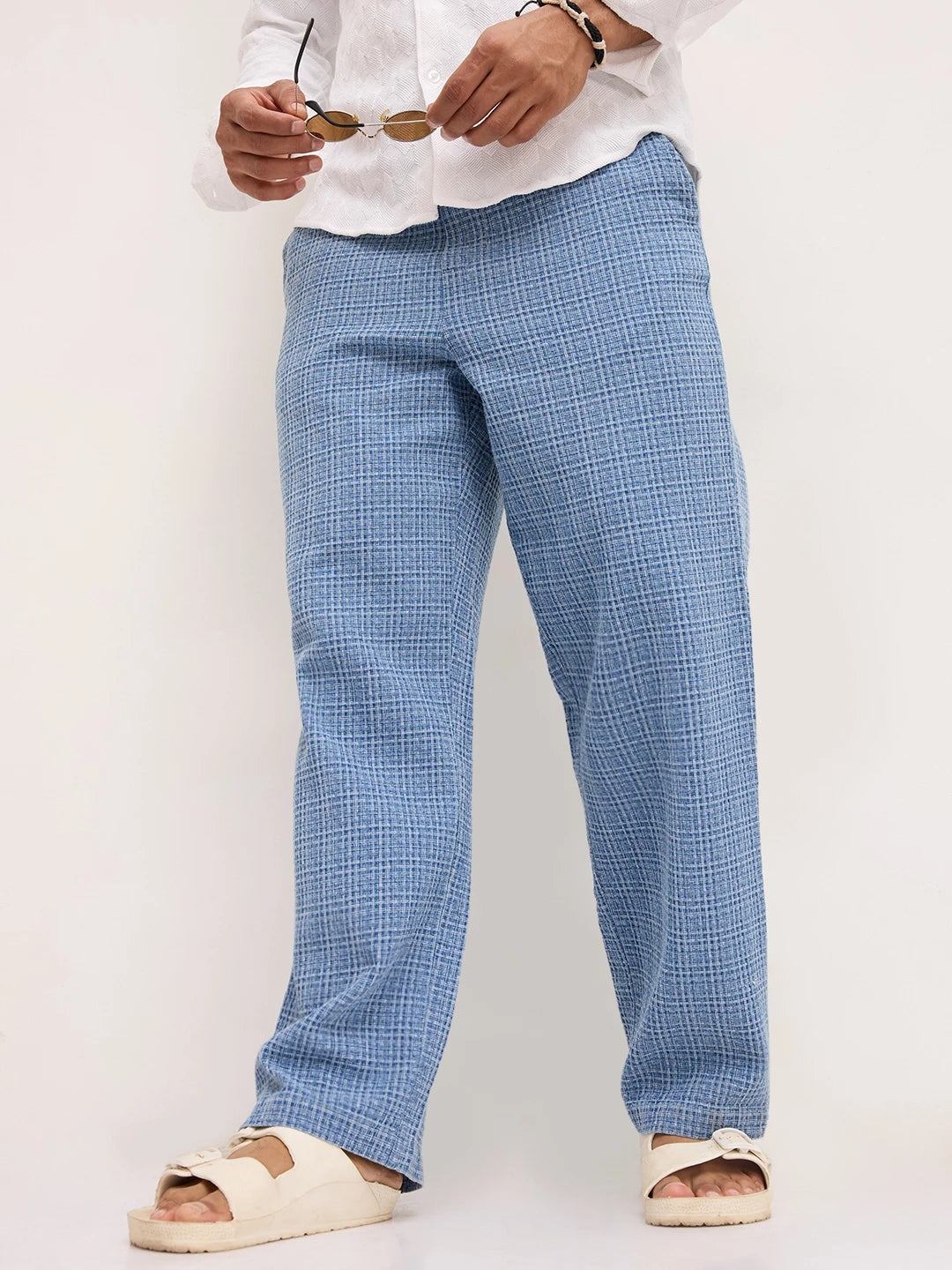 Denim Indigo Geometric Weave Straight Fit Trousers