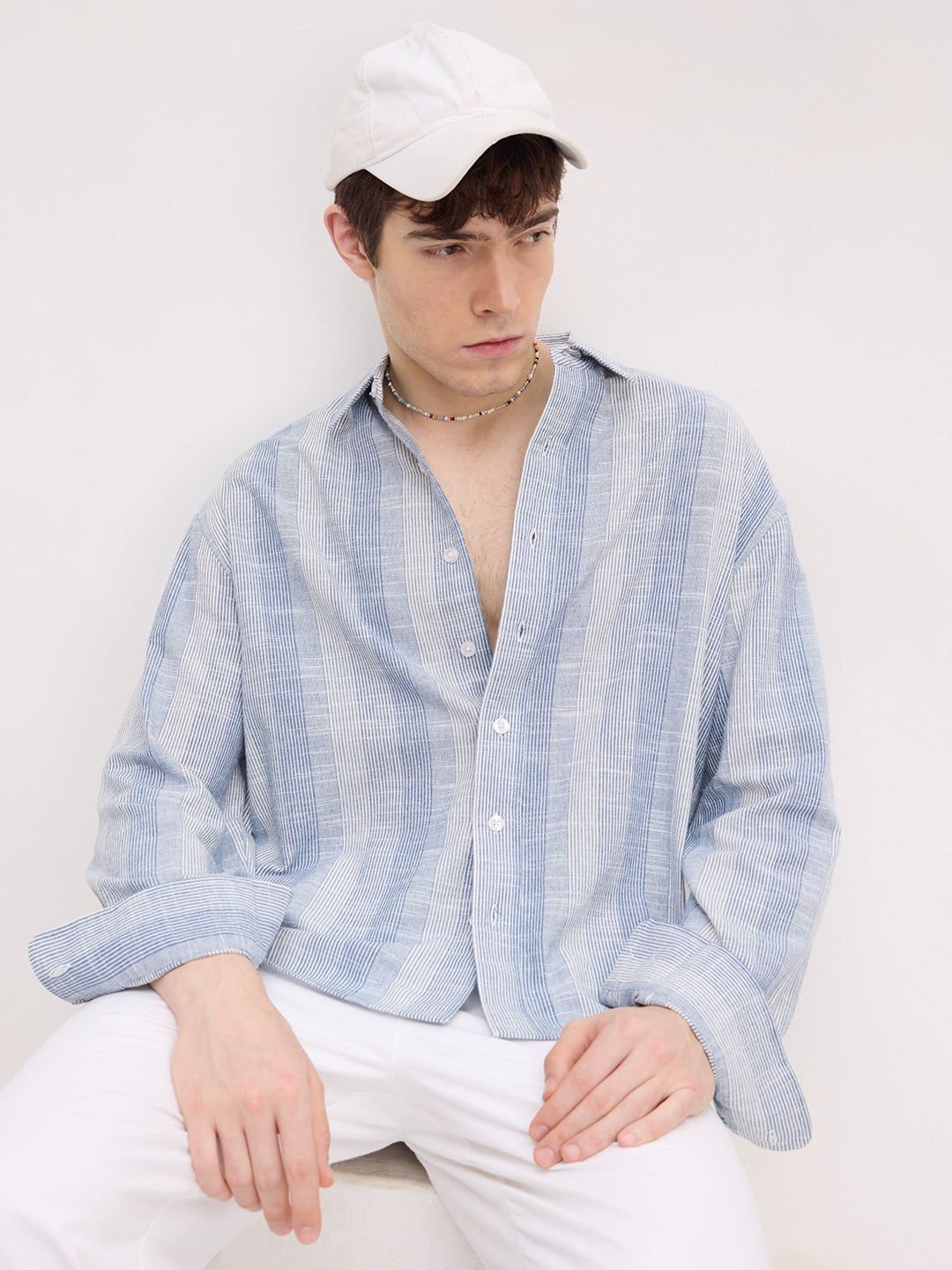 Blue Shadow Striped Boxy Fit Crop Shirt