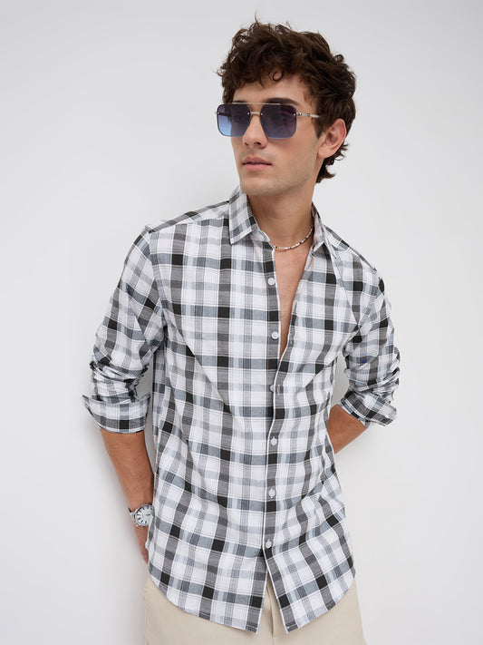 Premium White & Grey Plaid Checks Textured Shirt