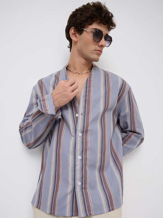 Blue & Brown Bold Stripes Stand Collar Oversized Shirt