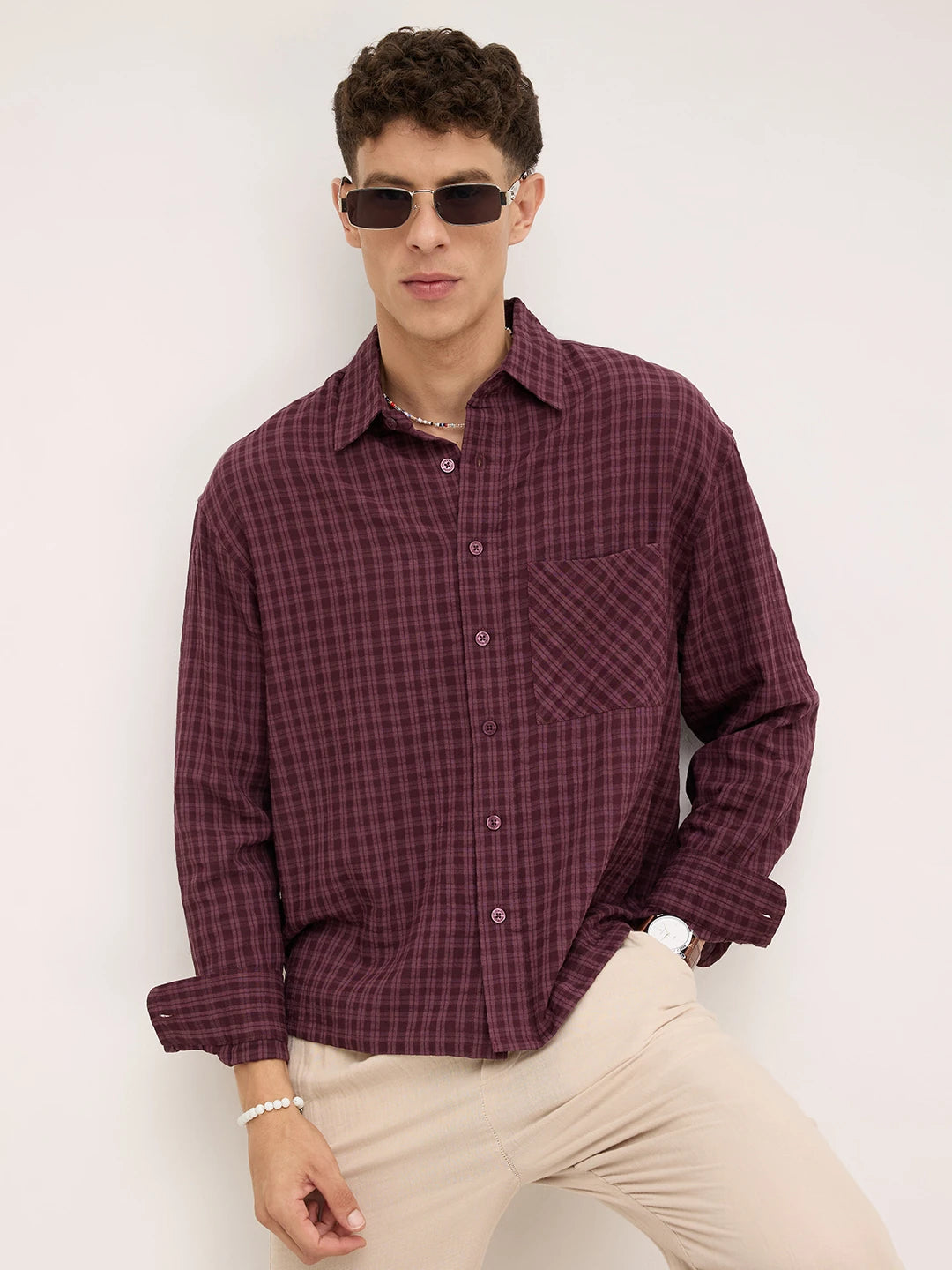 Rich Maroon Windowpane Checks Boxy Fit Crop Shirt