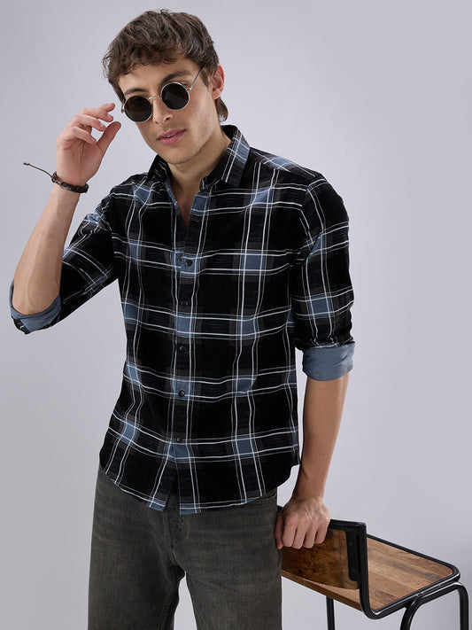 Refined Black & Blue Plaid Checks Flannel Corduroy Shirt