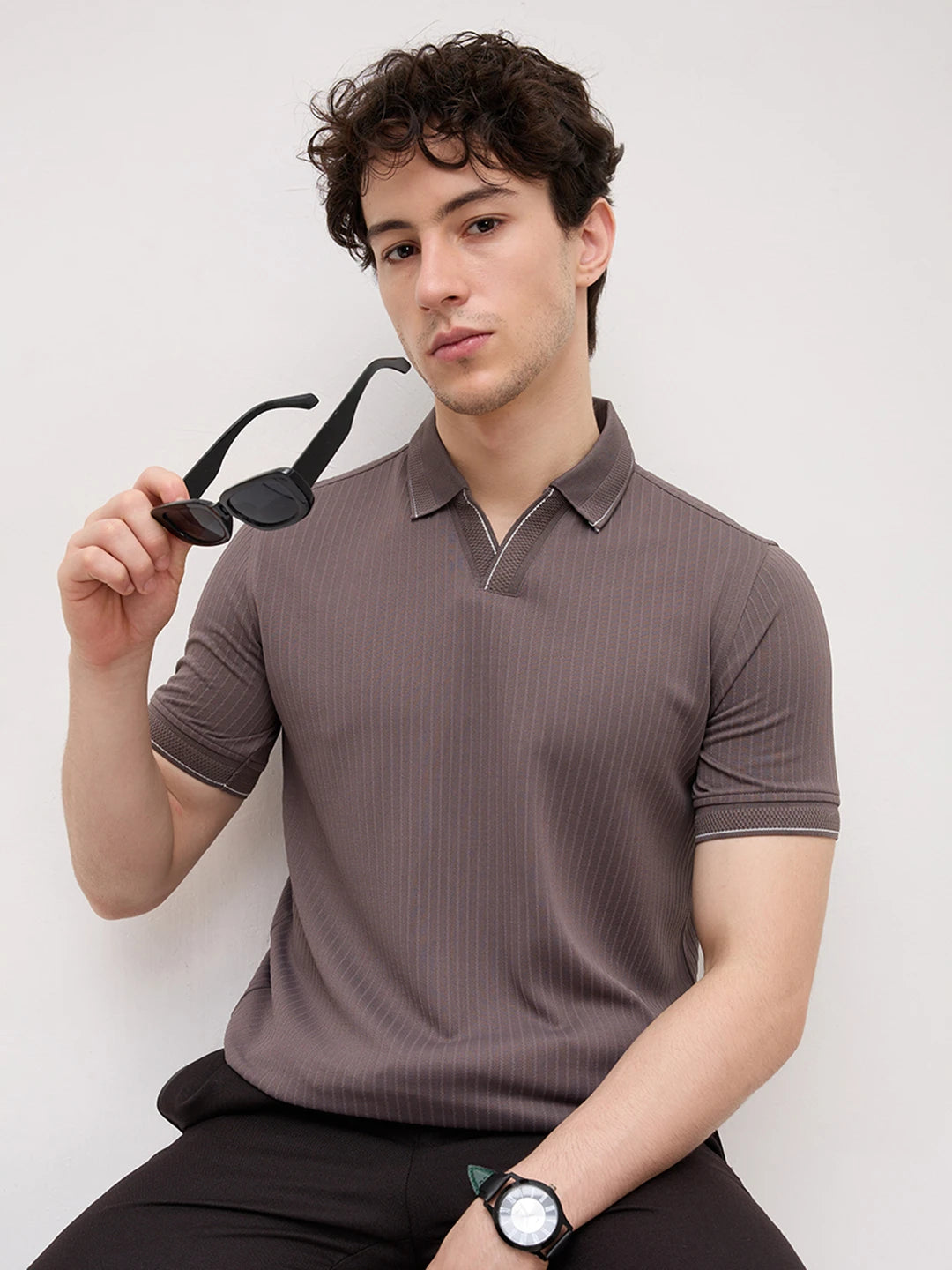Graphite Grey Pinstripe Weave Polo Tee