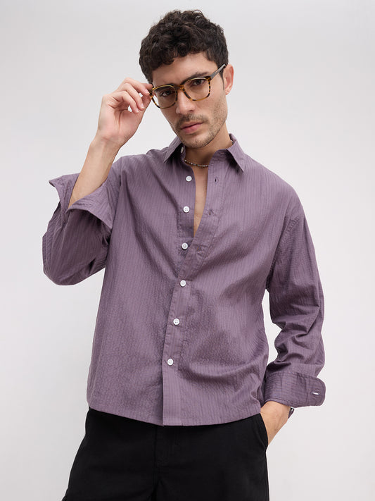 Purplish Mauve Fine Textured Boxy Fit Crop Shirt