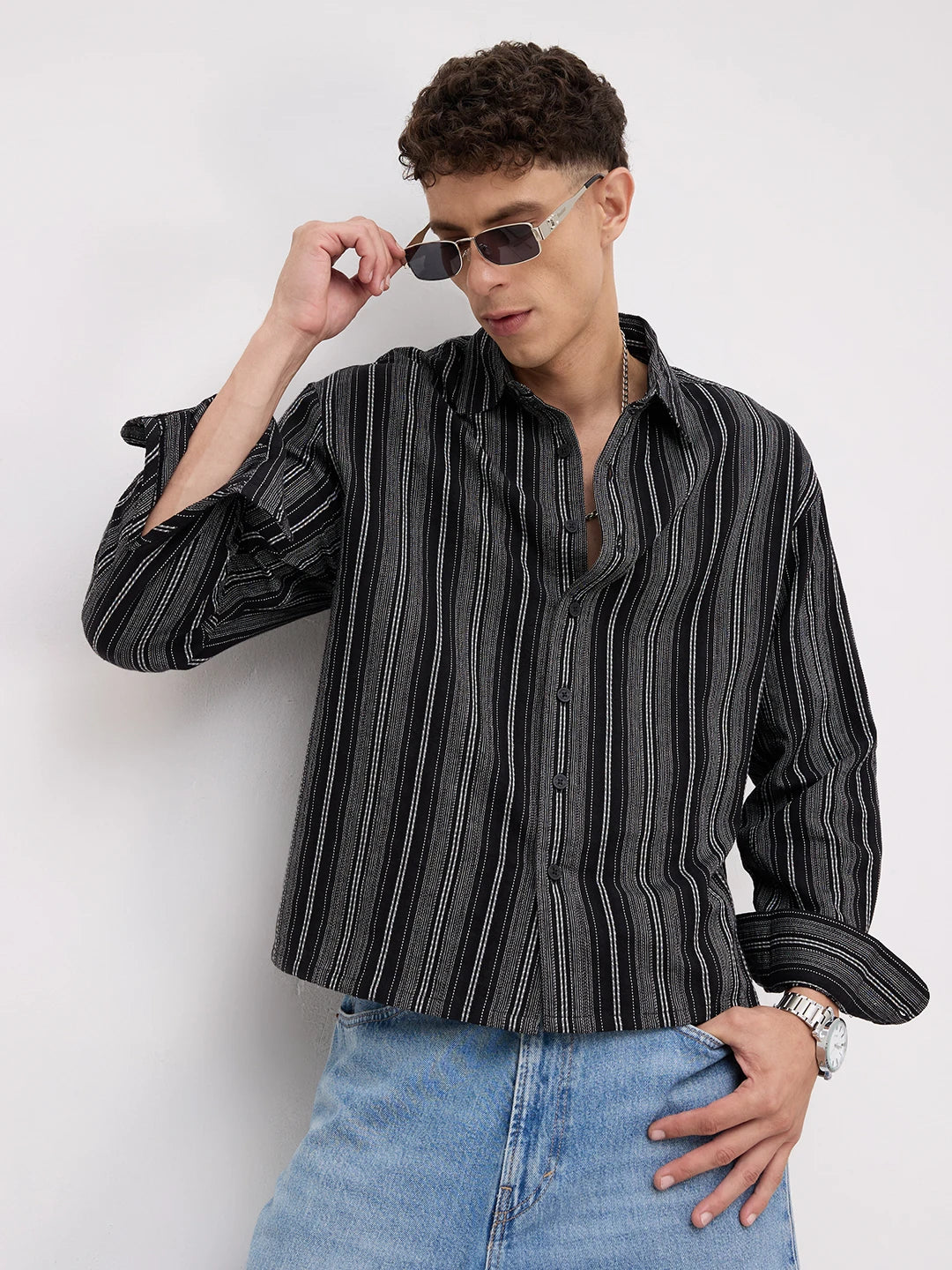 Artisan Monochrome Contrast Striped Boxy Fit Crop Shirt