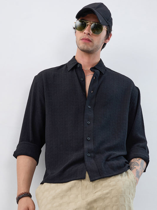 Timeless Black Subtle Textured Boxy Fit Crop Shirt