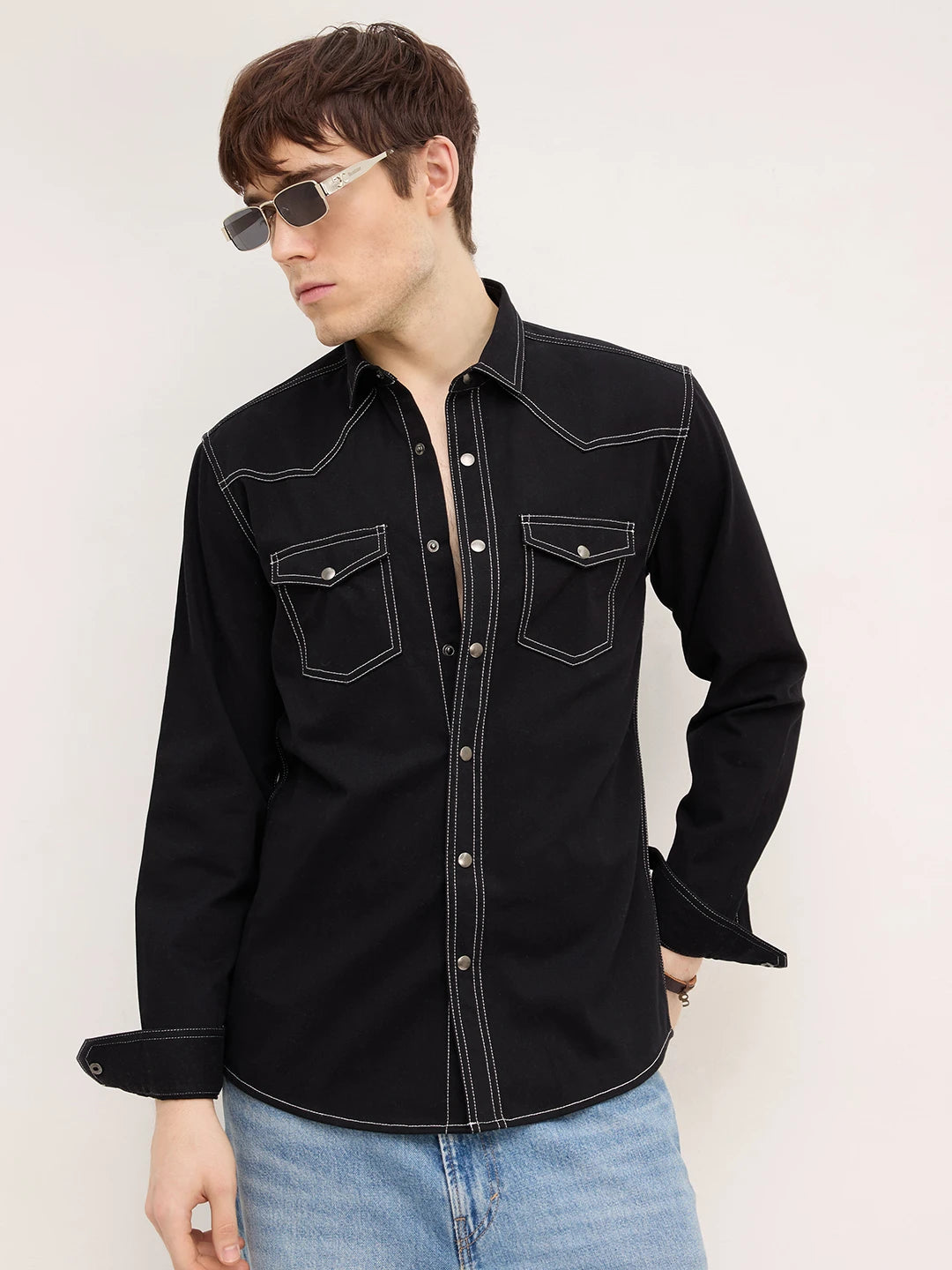 Nightfall Black Contrast Stitch Twin Pocket Overshirt