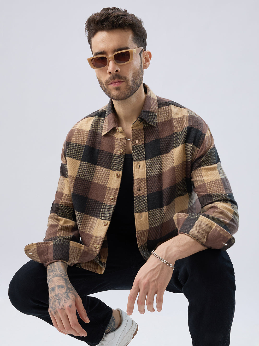 Heritage Brown & Beige Box Checks Boxy Fit Cropped Flannel Shirt