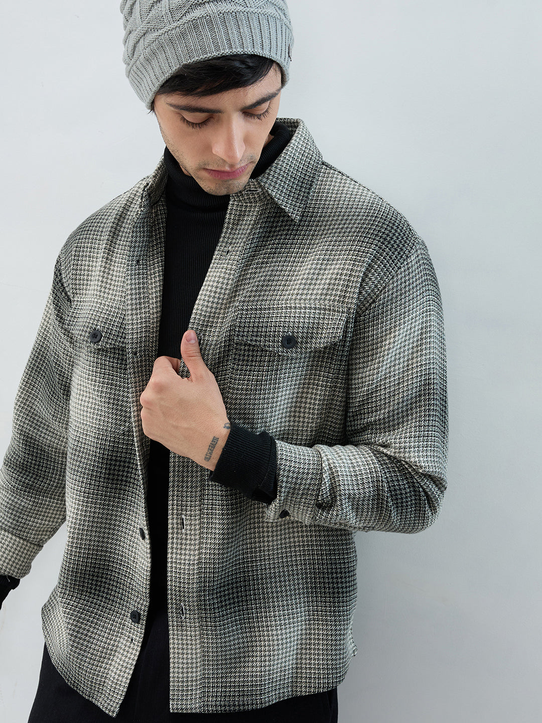 Olive & Black Houndstooth Checks Double Pocket Flannel Shirt