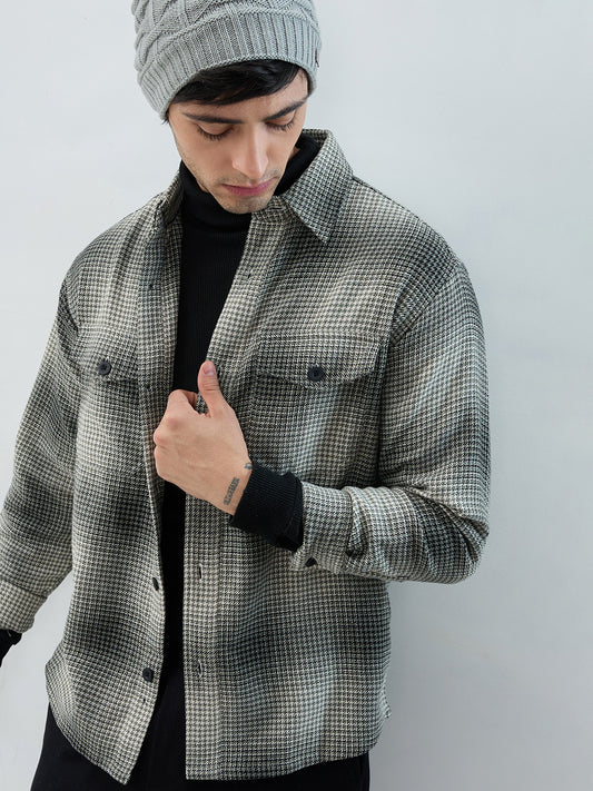 Olive & Black Houndstooth Checks Double Pocket Flannel Shirt
