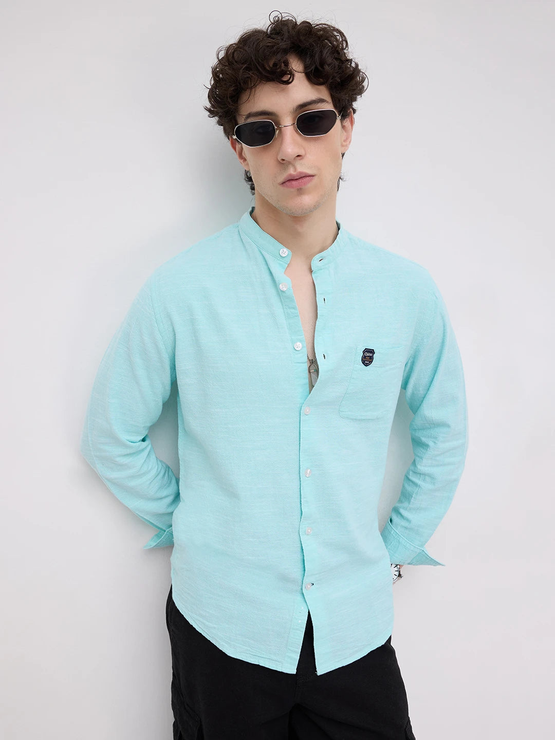 Spring Blue Textured Mandarin Collar Shirt