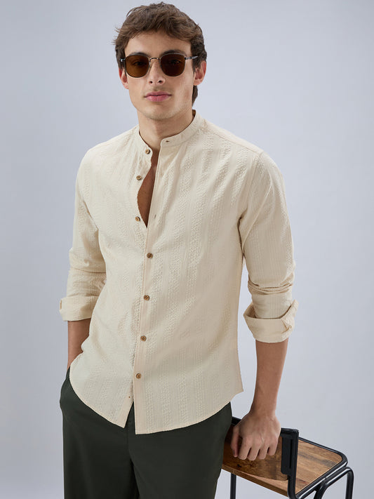 Bisque Beige Seersucker Striped Mandarin Shirt