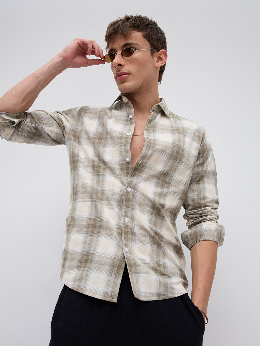 Premium Saddle Brown & White Plaid Linen Blend Checks Shirt