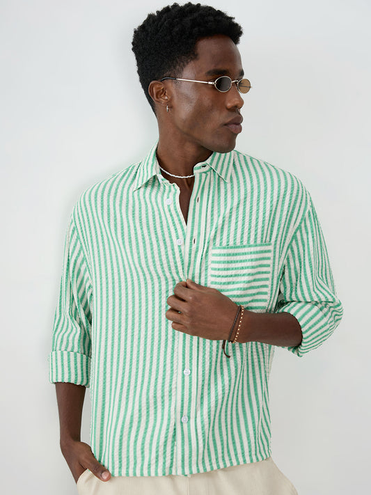 Spring Green Seersucker Candy Striped Boxy Fit Crop Shirt