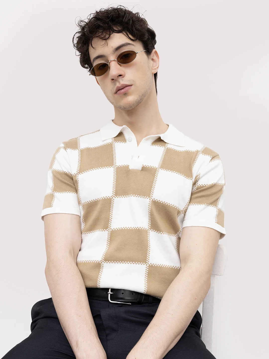 Scalloped Dessert Brown Block Checks Polo T-shirt