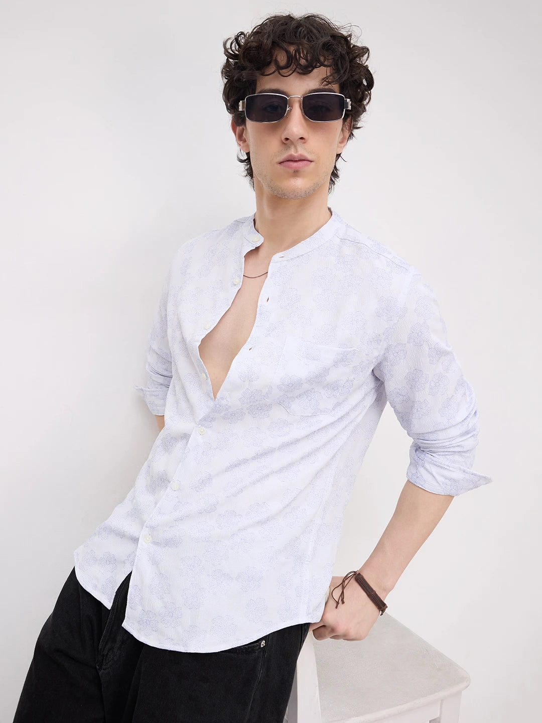 Cool Blue Floral Intricate Creased Mandarin Shirt