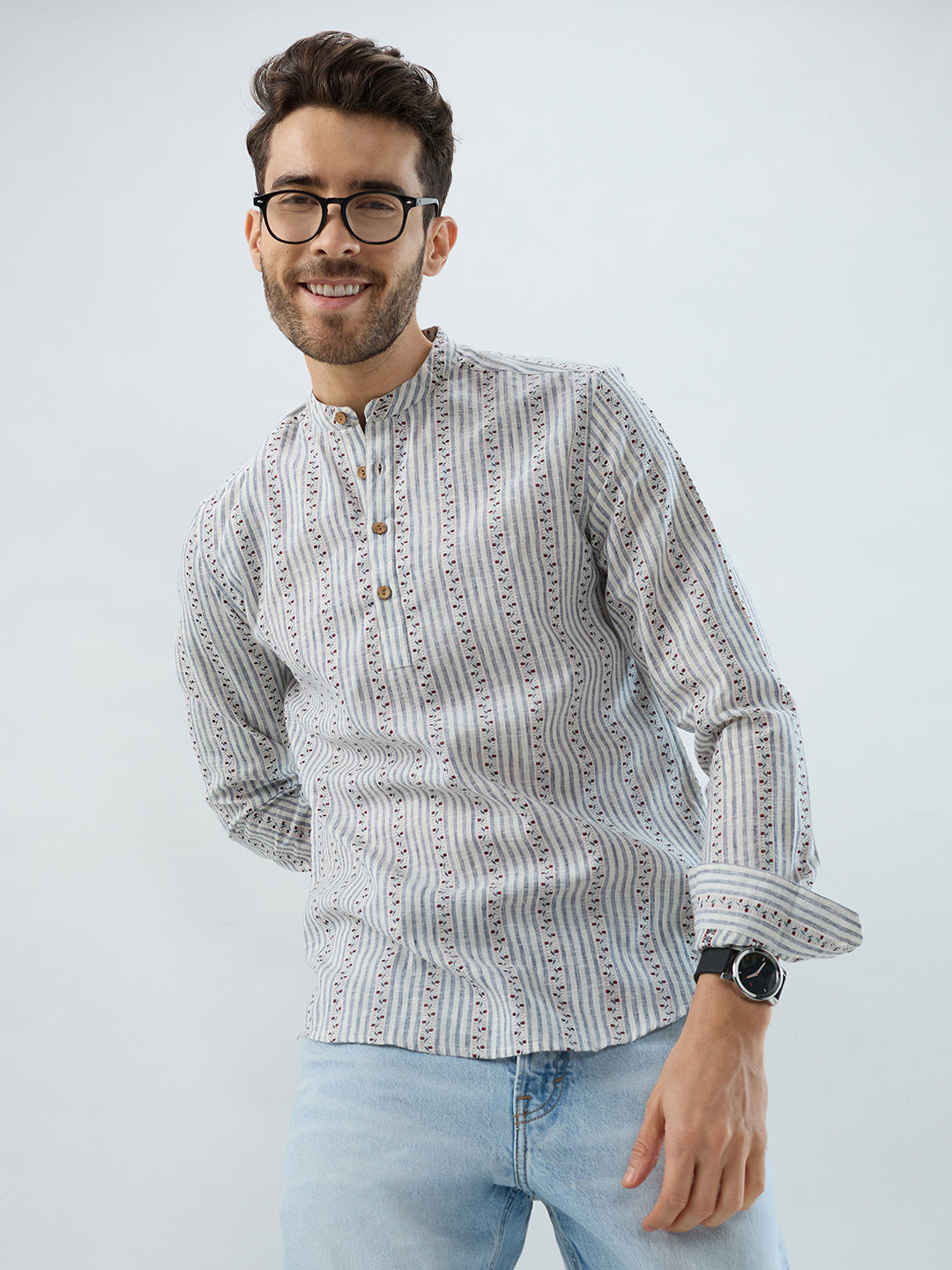 Coastal Mist Linen Blend Striped Kurta