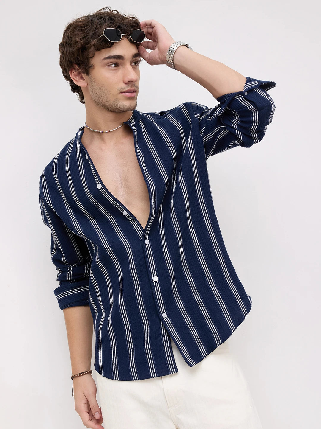 Navy & White Vertical Striped Mandarin Shirt