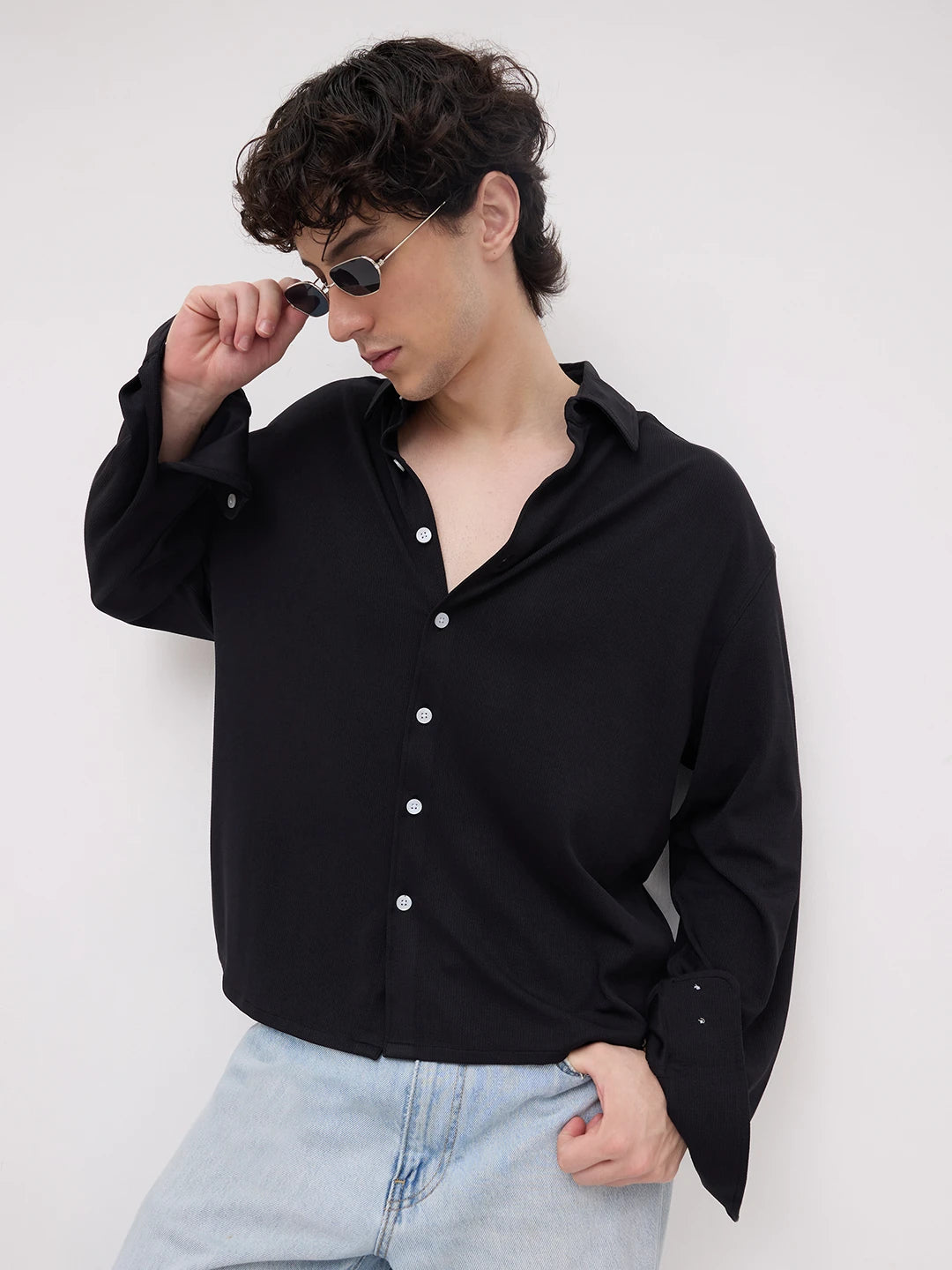 Rich Black Fine Textured Knitted Boxy Fit Crop Shirt